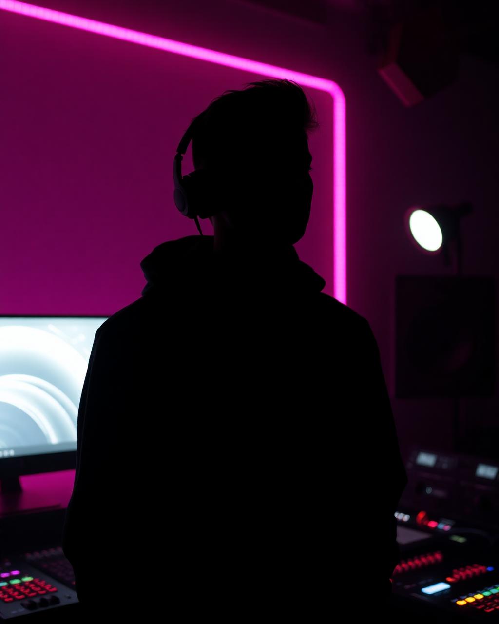 EXVRT silhouetted in studio with pink lighting